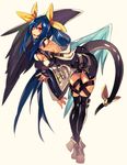  bare_shoulders bent_over blue_hair breasts cleavage dizzy guilty_gear guilty_gear_xrd hyakuhachi_(over3) large_breasts long_hair red_eyes solo tail twitter_username very_long_hair wings yellow_background 