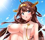  ahoge arms_at_sides bare_arms bare_shoulders blue_sky breasts brown_hair chestnut_mouth collarbone covered_nipples day double_bun floating_hair from_below hair_between_eyes hairband japanese_clothes kantai_collection kongou_(kantai_collection) large_breasts light_particles looking_at_viewer no_bra nontraditional_miko open_mouth sideboob sky solo sun sunlight underboob upper_body yuuki_hb 