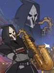  bandolier commentary face_mask gloves highres hood hooded_jacket instrument jacket jazz_for_your_soul_(meme) male_focus mask meme multiple_views overwatch projected_inset reaper_(overwatch) saxophone shotgun_shells splashbrush trench_coat 