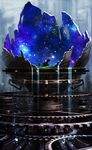  broken commentary dress fantasy frilled_dress frills gears highres light_particles livee machine nebula night night_sky original planetarium projector rapt_(47256) scenery signature silhouette sky solo standing star_(sky) starry_sky water waterfall 