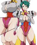  1girl arajin_(arazinz) ass aya_kobayashi breasts cleavage curvy earrings erect_nipples female green_eyes green_hair large_breasts leotard looking_at_viewer mound_of_venus parted_lips partially_visible_vulva pilot_suit short_hair shoulder_pads skin_tight solo standing super_robot_wars super_robot_wars_original_generation thick_thighs thighhighs wide_hips 