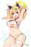 :d armband armpits arms_up ball beachball bikini blonde_hair blue_eyes breasts cleavage contrapposto cowboy_shot criss-cross_halter fang gene_(pso2) halter_top halterneck headgear large_breasts muryotaro navel open_mouth phantasy_star phantasy_star_online_2 smile solo standing sweat swimsuit thighlet twintails underboob wristband 