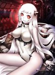  airfield_hime bare_shoulders blak_at breasts covered_navel fang glowing highres horns kantai_collection large_breasts leotard long_hair looking_at_viewer machinery open_mouth red_eyes shinkaisei-kan sitting skirt smile solo teeth turret very_long_hair white_hair white_skin 