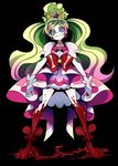  black_background blonde_hair blood bow cure_flora eyebrows gloves go!_princess_precure gradient_hair green_eyes haruno_haruka long_hair looking_at_viewer magical_girl multicolored multicolored_eyes multicolored_hair ninomae pink_bow pink_eyes pink_hair pink_skirt pool_of_blood precure red_bow shoes skirt smile solo standing thick_eyebrows two-tone_hair white_gloves 