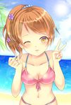  beach bikini breasts brown_eyes brown_hair cleavage flower hair_flower hair_ornament harukaruha highres houjou_karen idolmaster idolmaster_cinderella_girls long_hair medium_breasts one_eye_closed parted_lips ponytail solo swimsuit v 