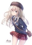  bag blazer blonde_hair blue_eyes hat jacket kantai_collection long_hair looking_at_viewer morigami_(morigami_no_yashiro) plaid plaid_skirt pleated_skirt school_uniform shoulder_bag skirt solo twitter_username u-511_(kantai_collection) white_background 