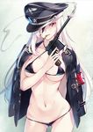  bikini black_bikini blonde_hair breasts cowboy_shot gun handgun hat highres ikeda_yasuhiro large_breasts long_hair mauser_c96 md5_mismatch micro_bikini military military_uniform navel nazi original peaked_cap red_eyes shell_casing solo swastika swimsuit uniform weapon 