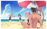  4girls :o ^_^ ^o^ admiral_(kantai_collection) ahoge asymmetrical_hair bare_arms bare_legs bare_shoulders beach beach_umbrella beret black_ribbon black_swimsuit blonde_hair blue_eyes blue_sky braid breasts brown_hair closed_eyes cloud collarbone corn day gradient_hair hair_flaps hair_ornament hair_ribbon hairpin hands_on_another's_shoulders harusame_(kantai_collection) hat horizon kantai_collection light_brown_hair long_hair mouth_hold multicolored_hair multiple_girls murasame_(kantai_collection) ocean one-piece_swimsuit open_mouth outdoors pink_hair red_eyes red_hair remodel_(kantai_collection) ribbon school_swimsuit shigure_(kantai_collection) side_ponytail sidelocks single_braid sitting sky small_breasts standing swimsuit topless turning_head twintails umbrella very_long_hair water white_hat younger yuudachi_(kantai_collection) zero_(miraichizu) 