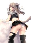  animal_ears aruma_jiki bare_shoulders black_legwear blush breasts brown_hair cross-laced_clothes final_fantasy final_fantasy_xiv high_ponytail large_breasts long_hair looking_back miniskirt miqo'te open_mouth panties pantyshot pantyshot_(standing) purple_eyes simple_background skirt solo standing tail thighhighs underwear upskirt white_background white_panties 