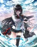  asymmetrical_legwear backlighting black_hair black_legwear buttons cloud cloudy_sky commentary_request dual_wielding gloves gun hair_ribbon highres holding holding_gun holding_weapon isokaze_(kantai_collection) kantai_collection kneehighs long_hair long_sleeves looking_at_viewer machinery miniskirt mizusawa_hikaru neckerchief pleated_skirt red_eyes ribbon school_uniform serafuku single_kneehigh single_thighhigh skirt sky solo thighhighs torpedo tress_ribbon turret water weapon white_gloves 