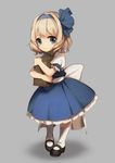  alice_margatroid alice_margatroid_(pc-98) blonde_hair blue_dress blue_eyes blue_hairband book dress full_body grey_background hairband highres kneehighs looking_at_viewer mary_janes no-kan puffy_sleeves ribbon sash shoes short_hair short_sleeves simple_background solo touhou touhou_(pc-98) white_legwear younger 