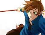  angry bad_id bad_pixiv_id blue_shirt brown_hair buttons earrings feather_earrings flying_sweatdrops green_eyes hair_ornament holding holding_weapon jewelry male_focus pants shirt simple_background solo sorey_(tales) sweatdrop sword tales_of_(series) tales_of_zestiria tasasakiamagu undershirt upper_body weapon white_background 