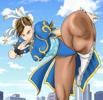  blue_dress boots bracelet breasts brown_eyes brown_hair brown_legwear bun_cover china_dress chinese_clothes chun-li double_bun dress highres jewelry large_breasts murata_yuusuke pantyhose short_hair solo spiked_bracelet spikes street_fighter thick_thighs thighs white_footwear 