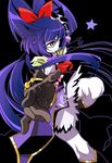  black_background black_gloves black_hat bow cowboy_shot cure_magical elbow_gloves expressionless gloves hair_bow hat izayoi_liko long_hair looking_away mahou_girls_precure! mini_hat mini_witch_hat ninomae precure purple_hair purple_skirt red_bow red_eyes serious skirt solo star white_skin witch_hat 