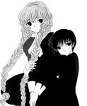  1boy 1girl age_difference ascot black_eyes black_hair child chobits clamp closed_mouth collared_shirt dress height_difference hug kokubunji_minoru looking_at_viewer monochrome official_art parted_lips simple_background size_difference smile twin_braids upper_body very_long_hair white_background yuzuki 
