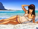  beach bikini bikini_bottom breasts brown_eyes covered_navel covered_nipples dead_or_alive frilled_bikini frills ganassa hitomi_(doa) large_breasts looking_at_viewer lying ocean on_side outdoors shirt smile solo strap_slip swimsuit water wet wet_clothes wet_shirt 