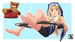  bare_shoulders barefoot bike_shorts blonde_hair blue_eyes bridget_(guilty_gear) bulge cuffs feet guilty_gear habit hand_on_own_knee handcuffs kaminosaki1 looking_at_viewer male_focus mars_symbol nun otoko_no_ko ribbon roger solo stuffed_animal stuffed_toy teddy_bear yo-yo 