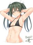  armpits arms_behind_head arms_up artist_name bare_shoulders bikini_top breasts closed_mouth collarbone frown green_hair hair_ribbon isshiki_(ffmania7) kantai_collection long_hair looking_at_viewer navel no_legs ribbon signature simple_background small_breasts solo stomach tareme twintails twitter_username upper_body wavy_mouth white_background white_ribbon zuikaku_(kantai_collection) 