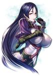  black_gloves blush breasts covered_navel covered_nipples fate/grand_order fate_(series) fingerless_gloves gloves grabbing highres large_breasts long_hair looking_at_viewer minamoto_no_raikou_(fate/grand_order) open_mouth purple_eyes purple_hair simosi skin_tight smile solo very_long_hair 