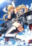  ahoge armpits arms_up ass bare_shoulders belt belt_buckle black_panties black_vest blonde_hair blue_eyes blue_sky breasts buckle cannon cleavage colored_stripes condensation_trail corset day elbow_gloves from_below garter_straps gloves grey_hat highres iowa_(kantai_collection) kantai_collection large_breasts long_hair looking_at_viewer looking_down machinery miniskirt mismatched_legwear panties skirt sky solo splashing star star-shaped_pupils striped striped_legwear symbol-shaped_pupils thighhighs tsuuhan turret underwear upskirt vertical-striped_legwear vertical-striped_skirt vertical_stripes very_long_hair vest water white_gloves wrist_cuffs 