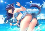  :d animal_ears arm_up aruma_jiki ass bare_shoulders bent_over bikini bikini_skirt blue blue_bikini blue_hair breasts cat_ears cat_tail earrings final_fantasy final_fantasy_xiv from_behind gem green_eyes hairband horizon jewelry large_breasts miqo'te ocean open_mouth sapphire_(stone) smile solo standing swimsuit tail thighs twisted_torso water water_drop whisker_markings wristband 