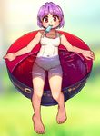  bad_id bad_pixiv_id barefoot blush bowl covered_navel food full_body gradient gradient_background hatimitu-x highres in_bowl in_container looking_at_viewer mouth_hold one-piece_swimsuit partially_submerged popsicle purple_hair red_eyes short_hair sitting solo sukuna_shinmyoumaru sweat swimsuit touhou 