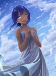  absurdres blue_eyes blue_hair dark_skin day dress fate/prototype fate/prototype:_fragments_of_blue_and_silver fate_(series) hassan_of_serenity_(fate) highres mukade_(siieregannsu) one_eye_closed smile solo strap_slip sundress teeth 