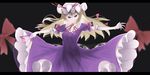  black_background blonde_hair blurry choker dress elbow_gloves fan gloves hair_ribbon hat hat_ribbon highres letterboxed long_hair looking_at_viewer mob_cap o_(crazyoton46) outstretched_arms puffy_sleeves purple_dress purple_eyes ribbon ribbon_choker shihou_(g-o-s)_(style) short_sleeves simple_background solo touhou tress_ribbon upskirt white_gloves yakumo_yukari 