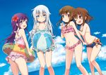  :d ;d akatsuki_(kantai_collection) ball bare_arms bare_legs bare_shoulders beachball bikini bikini_skirt blue_eyes blue_shorts blue_sky bow breasts brown_eyes brown_hair casual_one-piece_swimsuit closed_mouth cloud day diagonal_stripes floral_print flower frilled_bikini frills hair_flower hair_ornament hibiki_(kantai_collection) hibiscus horizon ikazuchi_(kantai_collection) inazuma_(kantai_collection) innertube jitome kantai_collection long_hair looking_at_viewer motohara_moka multiple_girls navel ocean one-piece_swimsuit one_eye_closed open_mouth outdoors pink_bow pink_swimsuit polka_dot polka_dot_bikini purple_eyes purple_hair round_teeth short_hair short_shorts shorts silver_hair sky small_breasts smile striped summer swimsuit teeth transparent water 