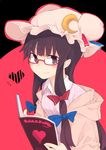  adapted_costume aki_maki_yuu alternate_costume bespectacled blush book crescent glasses hair_ribbon hat heart highres long_hair looking_at_viewer mob_cap off_shoulder open_book patchouli_knowledge purple_eyes purple_hair red-framed_eyewear ribbon shirt smile solo striped touhou tress_ribbon upper_body 