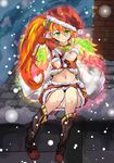  bird_wings blush boots chimney fur_trim gloves green_eyes hair_ornament hat highres leilan_(p&amp;d) long_hair looking_at_viewer midriff multicolored multicolored_wings navel orange_hair puzzle_&amp;_dragons red_gloves red_skirt rooftop sack santa_costume santa_hat side_ponytail skirt smile snow solo tonton_(hamuni123) wings 