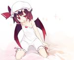  aki_maki_yuu bat_wings bloomers blush camisole chemise full_body hat hat_ribbon highres kneeling looking_at_viewer mob_cap open_mouth purple_hair red_eyes remilia_scarlet ribbon short_hair solo sparkle strap_slip touhou underwear white_background wings 