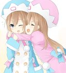  blue_eyes blush brown_hair closed_eyes hat highres hug long_hair multiple_girls neptune_(series) one_eye_closed open_mouth ram_(choujigen_game_neptune) rom_(choujigen_game_neptune) short_hair siblings sisters smile twins 