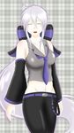  ahoge blush breasts commentary_request detached_sleeves headphones homuzu large_breasts long_hair navel necktie ponytail silver_hair smile solo very_long_hair vocaloid voyakiloid yowane_haku 