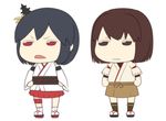  :| bangs black_hair bodysuit brown_eyes brown_hair chibi closed_mouth commentary_request d: detached_sleeves geta hair_ornament hakama hands_on_hips hyuuga_(kantai_collection) japanese_clothes jitome kantai_collection long_sleeves multiple_girls neko_majin nontraditional_miko open_mouth red_eyes red_hakama short_hair short_sleeves thigh_strap v-shaped_eyebrows wide_sleeves yamashiro_(kantai_collection) 