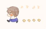  bird blush brown_hair chibi chick commentary eighth_note ina_(1813576) japanese_clothes jitome kaga_(kantai_collection) kantai_collection long_hair musical_note side_ponytail simple_background solo walking younger 
