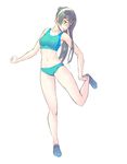  adjusting_clothes adjusting_shoe bare_shoulders black_hair breasts collarbone full_body glasses green_eyes headband kantai_collection long_hair medium_breasts navel ooyodo_(kantai_collection) parted_lips simple_background solo sports_bikini sports_bra standing standing_on_one_leg very_long_hair white_background yuuji_(and) 
