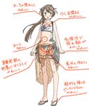  :o aym_(teatime) bare_shoulders bikini blush brown_hair clenched_hand collarbone derivative_work full_body hair_ornament hair_ribbon kantai_collection kazagumo_(kantai_collection) long_hair looking_to_the_side machinery midriff navel orange_sarong polka_dot polka_dot_bikini polka_dot_sarong ponytail ribbon round_teeth sandals sarong silver_eyes simple_background solo standing swimsuit teeth thigh_strap translated translucent_sarong tsurime turret white_background 