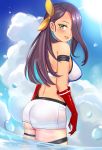  1girl ass azur_lane blue_hair blue_sky blush breasts brown_hair cloud cloudy_sky commentary_request dark_skin day elbow_gloves gloves green_eyes hair_over_one_eye hair_ribbon highres leng_xiao looking_at_viewer looking_back medium_breasts midriff multicolored_hair northampton_(zhan_jian_shao_nyu) outdoors parted_lips red_gloves ribbon short_shorts shorts sky solo standing sun sunlight two-tone_hair wading water water_drop white_shorts yellow_ribbon 