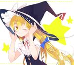  aki_maki_yuu blonde_hair blush bow hair_bow hat hat_ribbon highres kirisame_marisa long_hair looking_at_viewer one_eye_closed puffy_sleeves ribbon shirt short_sleeves solo star touhou upper_body witch_hat yellow_eyes 