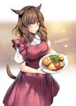  animal_ears apron aruma_jiki blush breasts brown_hair cat_ears cat_tail facial_mark final_fantasy final_fantasy_xiv food green_eyes large_breasts looking_at_viewer miqo'te omurice plaid plaid_apron plate red_apron smile solo tail 
