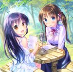  :d bad_id bad_pixiv_id bangs bare_shoulders blue_eyes blush brown_eyes brown_hair center_frills day dress eyebrows_visible_through_hair hair_ribbon highres long_hair long_sleeves looking_at_viewer microphone multiple_girls nature open_mouth original outdoors purple_hair ribbon sitting skirt smile table takoyaki_(roast) tree twintails wavy_mouth 