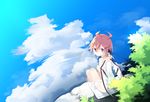  ahoge aki_maki_yuu animal_ears bird_wings blush cloud day from_behind highres looking_at_viewer looking_back mystia_lorelei naked_towel nature pink_eyes pink_hair reflection scenery short_hair sitting solo touhou towel water wings 