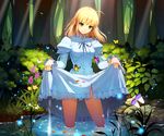  ahoge alternate_costume animal artoria_pendragon_(all) bare_legs blonde_hair blue_bow blue_neckwear bow bowtie breasts bug bush butterfly colorful daisy dappled_sunlight dress fate/stay_night fate_(series) flower flower_request forest frilled_dress frills grass green_eyes insect juliet_sleeves lifted_by_self light_rays light_smile long_sleeves medium_breasts nature outdoors parted_lips plant pond puffy_sleeves rock saber short_hair skirt_hold smile solo sunlight tareme teeth vmax-ver wading 