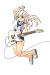  crop_top electric_guitar flower full_body guitar hair_flower hair_ornament highres instrument jumping kantai_collection long_hair one-piece_tan plectrum ro-500_(kantai_collection) sailor_collar sandals school_swimsuit solo swimsuit swimsuit_under_clothes tan tanline telecaster tomojo 