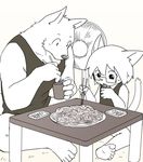  2016 anthro canine chopsticks clothing cup duo eyewear fan_(disambiguation) feline food glasses inside male mammal manmosu_marimo monochrome shota shota_feline_(marimo) simple_background sitting table white_canine_(marimo) young 