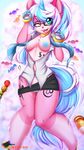  2016 anthro areola blue_eyes blue_hair breasts candy clothed clothing eyewear feline female food glasses hair hi_res horn long_hair looking_at_viewer mammal multicolored_hair navel nipples one_eye_closed open_mouth open_shirt panties patreon rainbowscreen solo the_lego_movie two_tone_hair underwear unikitty white_hair wink 
