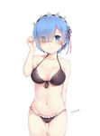  arm_at_side artist_name bangs bare_arms bare_legs bare_shoulders bikini black_bikini blue_hair blunt_bangs breasts cleavage closed_mouth collarbone deru06 eyes_visible_through_hair frilled_bikini frills hair_over_one_eye hair_ribbon hairband highres looking_at_viewer medium_breasts playing_with_own_hair purple_ribbon re:zero_kara_hajimeru_isekai_seikatsu rem_(re:zero) ribbon short_hair simple_background smile solo standing swimsuit thigh_gap white_background 