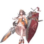  breasts cannon capelet cleavage cleavage_cutout closed_mouth crossed_legs crown dress earrings emblem flag frills frown full_body gem grey_hair hair_between_eyes high_heels holding holding_shield holding_weapon jewelry large_breasts leg_ribbon long_hair long_sleeves looking_at_viewer machinery mecha_musume messy_hair mismatched_legwear official_art pleated_dress polearm queen_elizabeth_(zhan_jian_shao_nyu) red_eyes red_footwear ribbon rigging shield shoes skirt smokestack solo standing thighhighs tiara transparent_background turret union_jack wave505 weapon white_ensign white_legwear white_skirt yellow_dress zhan_jian_shao_nyu 