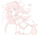  asymmetrical_wings bare_shoulders blush breasts dizzy feathered_wings flying_sweatdrops guilty_gear hair_ribbon hair_rings limited_palette long_hair long_sleeves medium_breasts monochrome navel randou ribbon simple_background skindentation smile solo tail thighhighs translation_request underboob white_background wings 